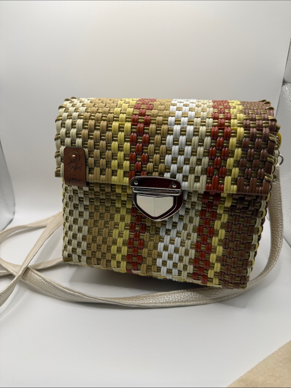 Isabel & Grace Handwoven Multi-Stripe Crossbody Bag in Yellow, Brown & Cream